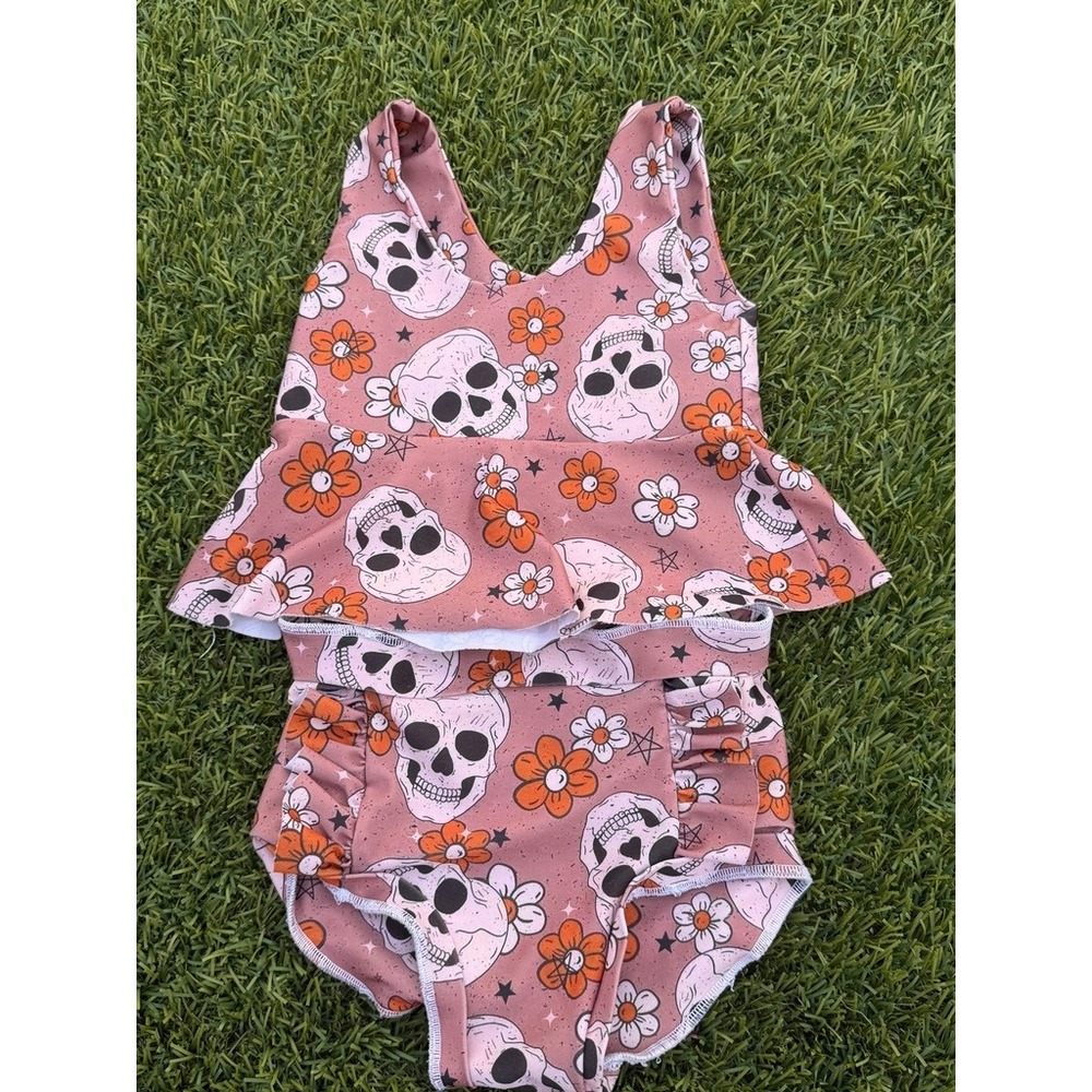 Boutique Two Piece Swimsuit Kids Size 4 Pink Skull Floral Peplum‎ Set